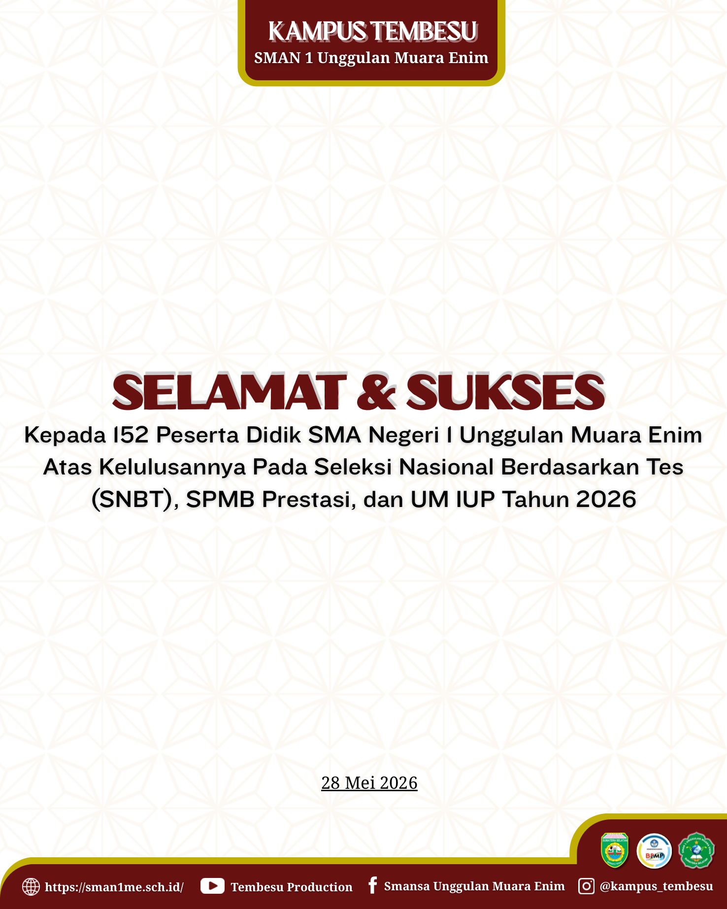 Pengumuman: 152 Siswa SMAN 1 Unggulan Muara Enim Dinyatakan Lulus SNBT, SPMB, dan UM IUP 2026